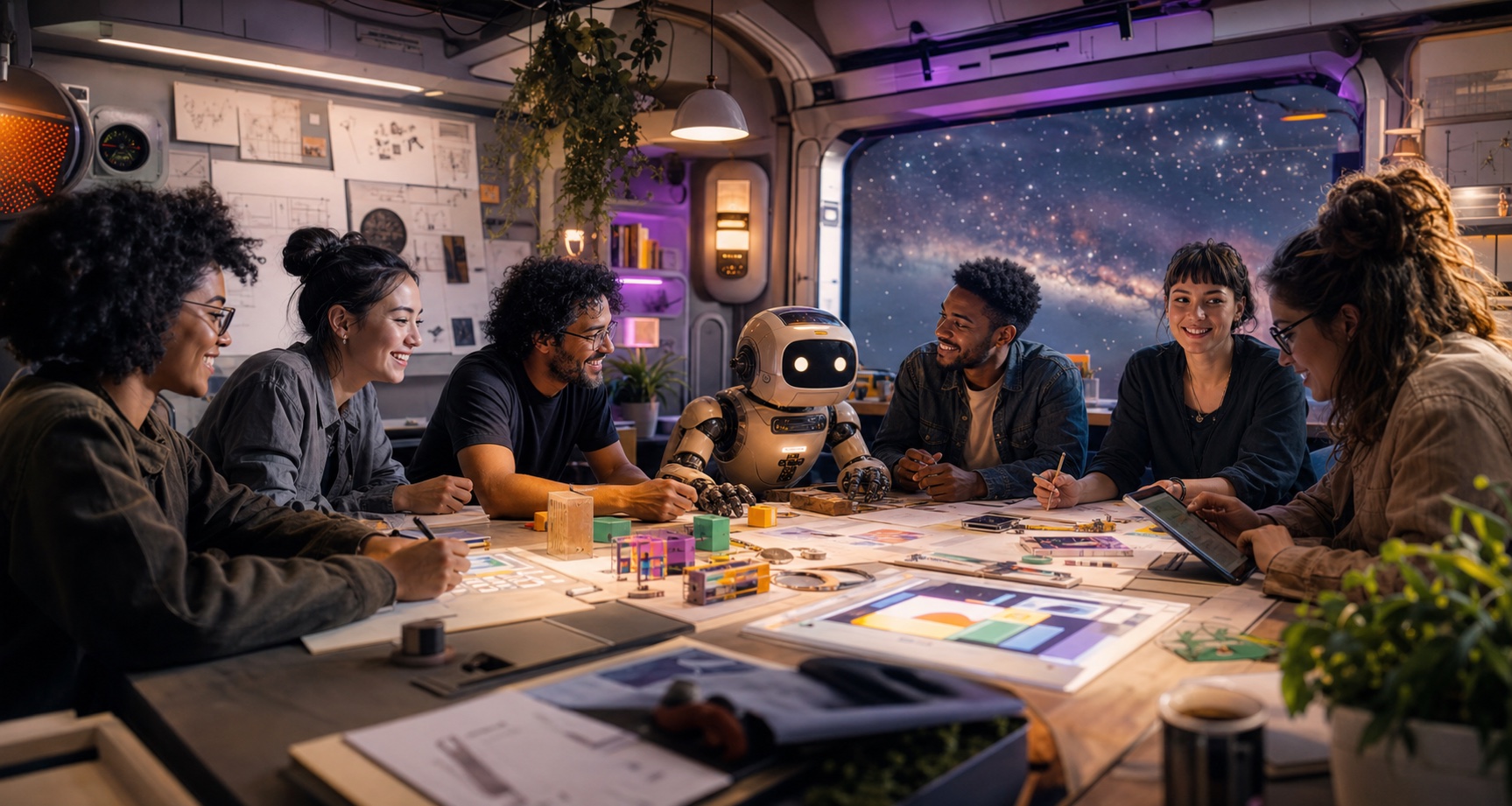 Equipe multidisciplinar e um robô colaborando em um estúdio espacial