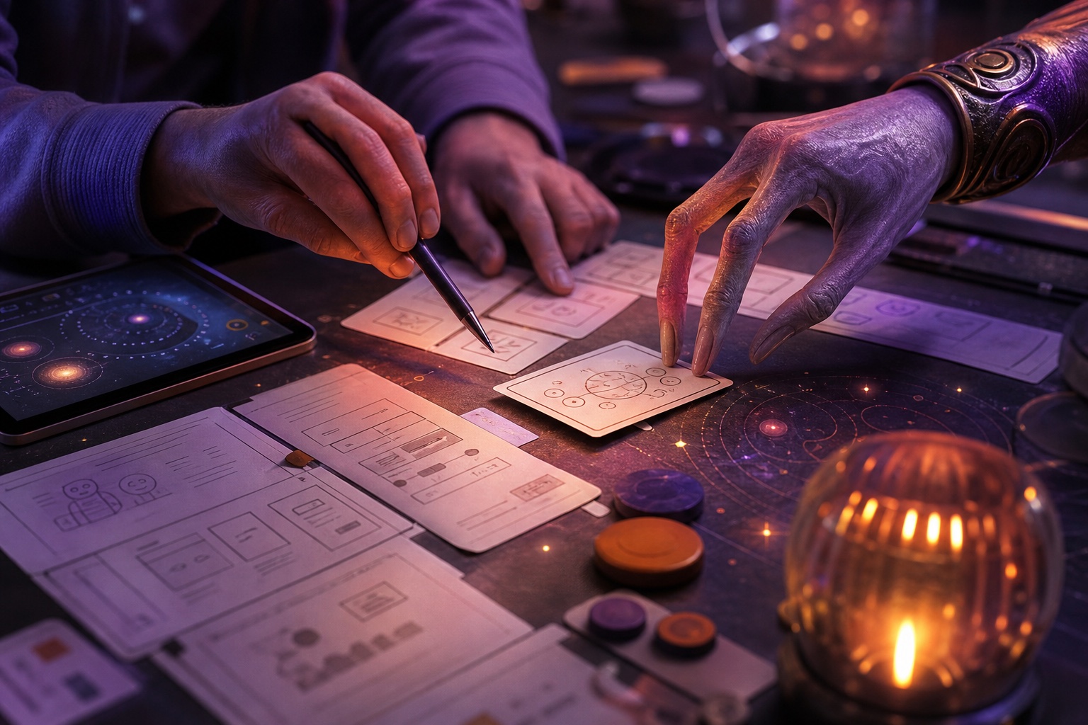 Pessoas e um visitante extraterrestre criando protótipos educacionais